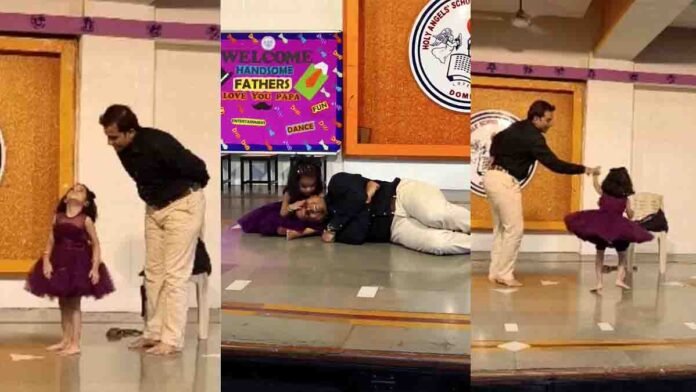 Father and young daughter dancing emotionally on stage during a school Father’s Day celebration, wearing coordinated outfits and performing to the Bollywood song “Tumse Hi Din Hota Hai” in front of a cheerful audience - Video Viral
