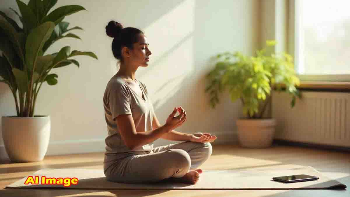 Woman practicing yoga eye exercises for screen-strained eyes - Eye care