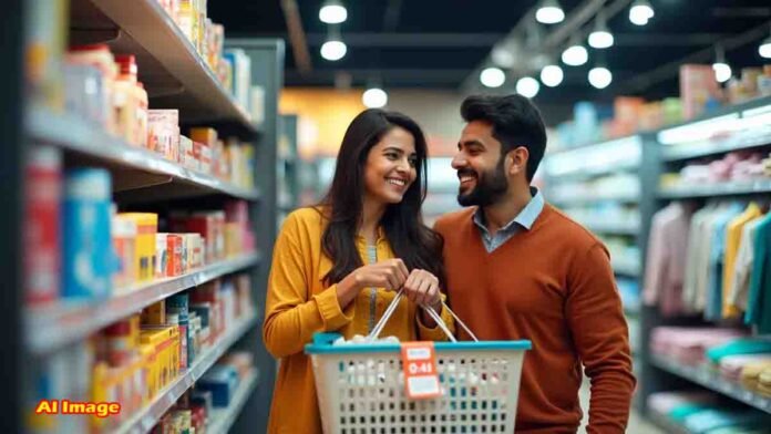 Happy Indian middle class family shopping daily essentials after GST rate cut