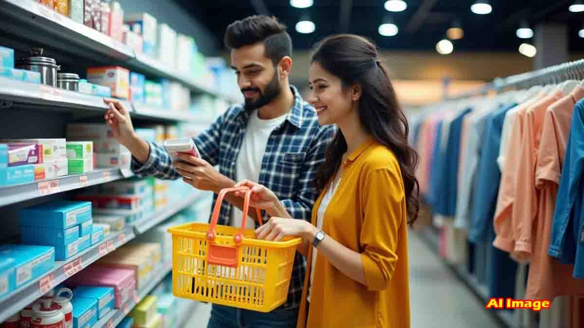 Happy Indian middle class family shopping daily essentials after GST rate cut