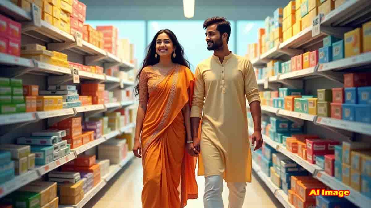Happy Indian middle class family shopping daily essentials after GST rate cut