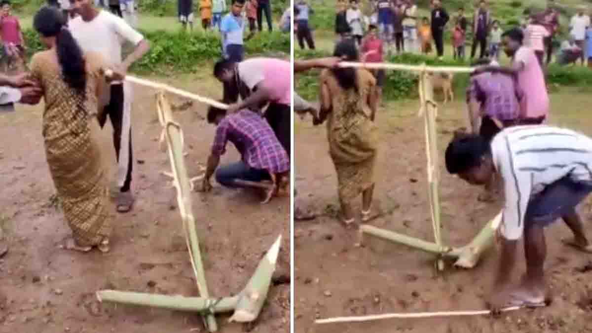 A married couple in Odisha tied to a wooden plow and forced to till the field by villagers as punishment for their love marriage