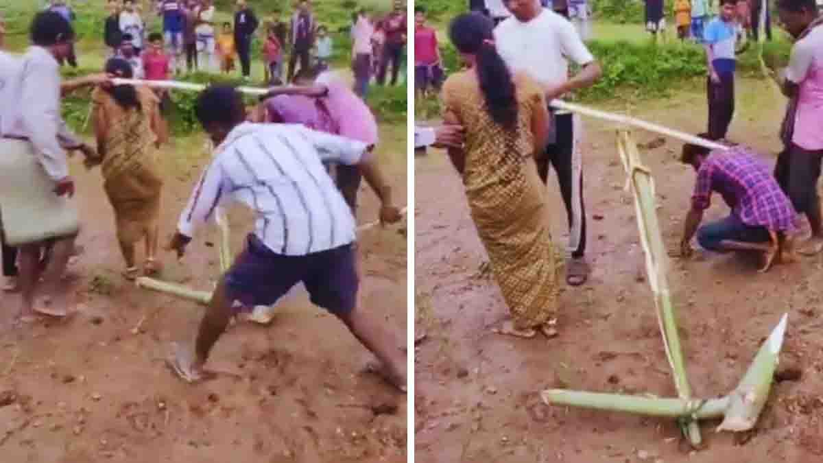 A married couple in Odisha tied to a wooden plow and forced to till the field by villagers as punishment for their love marriage