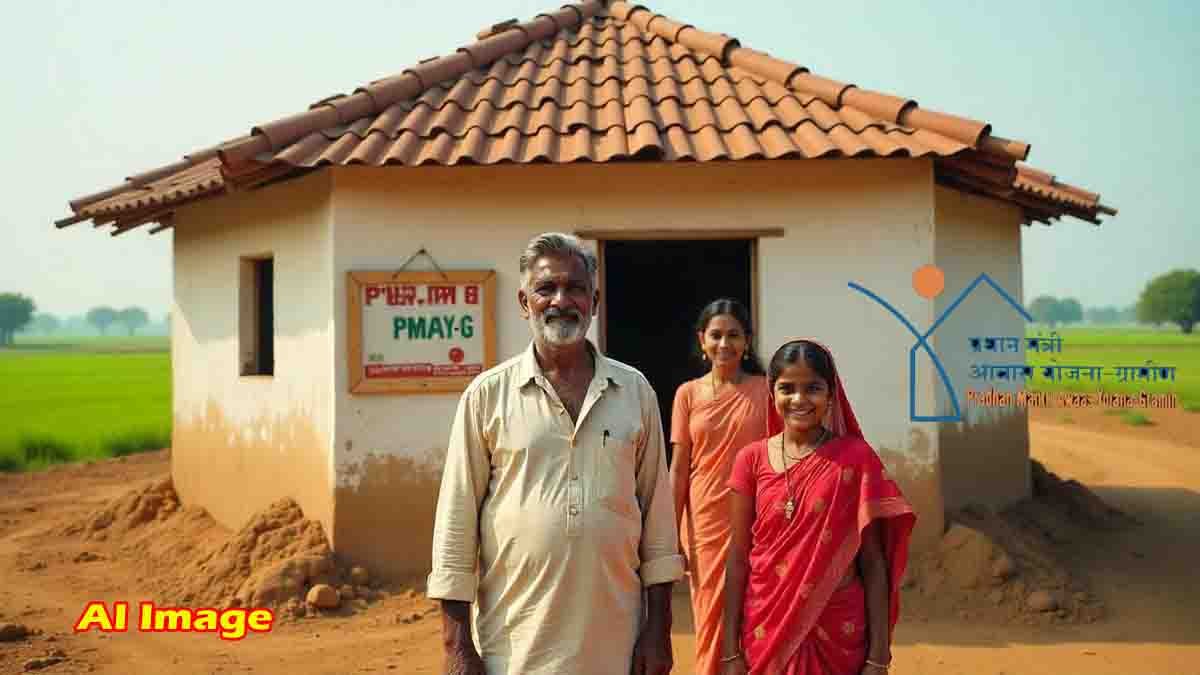 Rural family standing in front of their newly built home under PMAY-G scheme - PM-Awas-Yojana