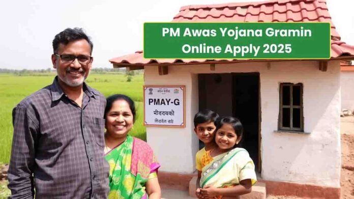 Rural family standing in front of their newly built home under PMAY-G scheme - PM-Awas-Yojana