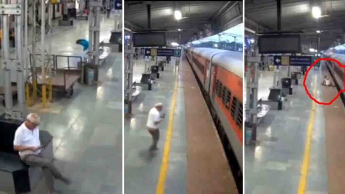 RPF officer saving elderly man who fell while boarding a moving train at Betul station - Mobile