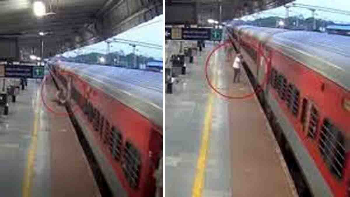 RPF officer saving elderly man who fell while boarding a moving train at Betul station - Mobile