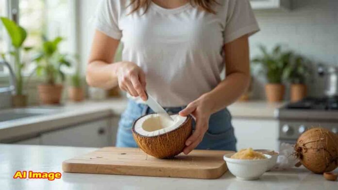 A healthy weight-loss meal featuring raw coconut and jaggery, a natural way to boost metabolism and support digestion