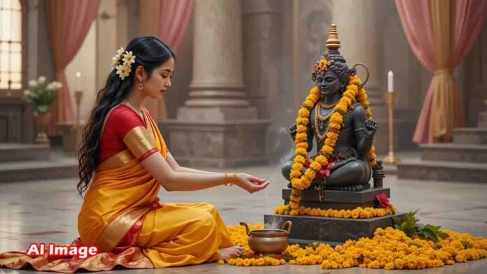 Devotee performing Jalabhisheka on Shivalinga during Shravana Somavara