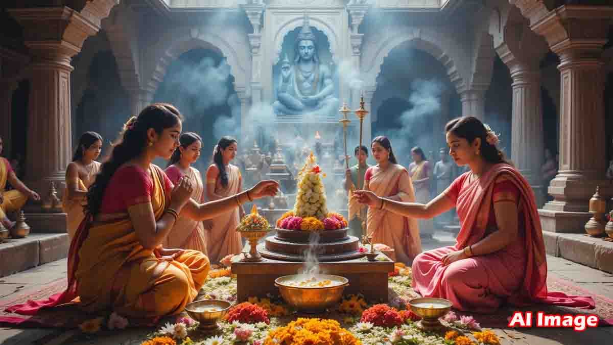 Devotee performing Jalabhisheka on Shivalinga during Shravana Somavara