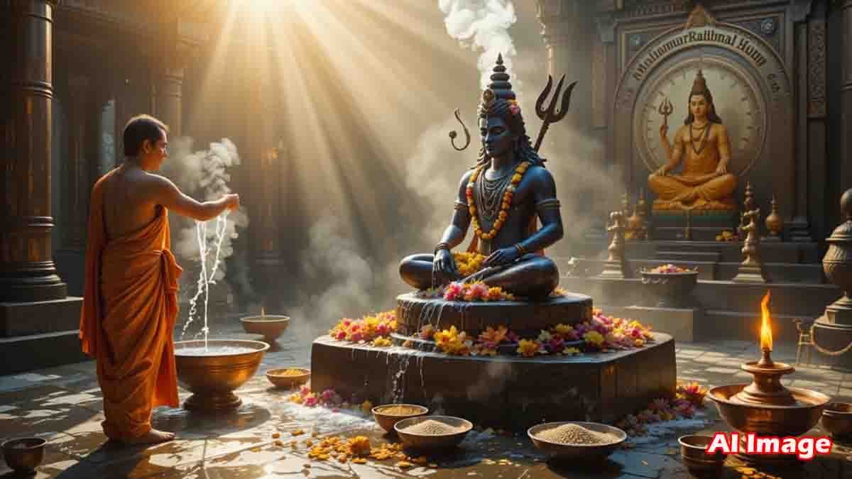 Devotee performing Jalabhisheka on Shivalinga during Shravana Somavara