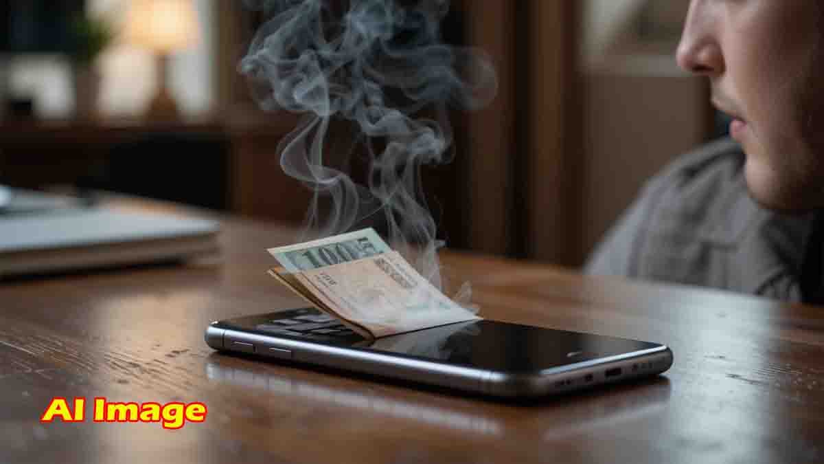 Overheated smartphone with cards and cash inside phone cover, risk of explosion warning