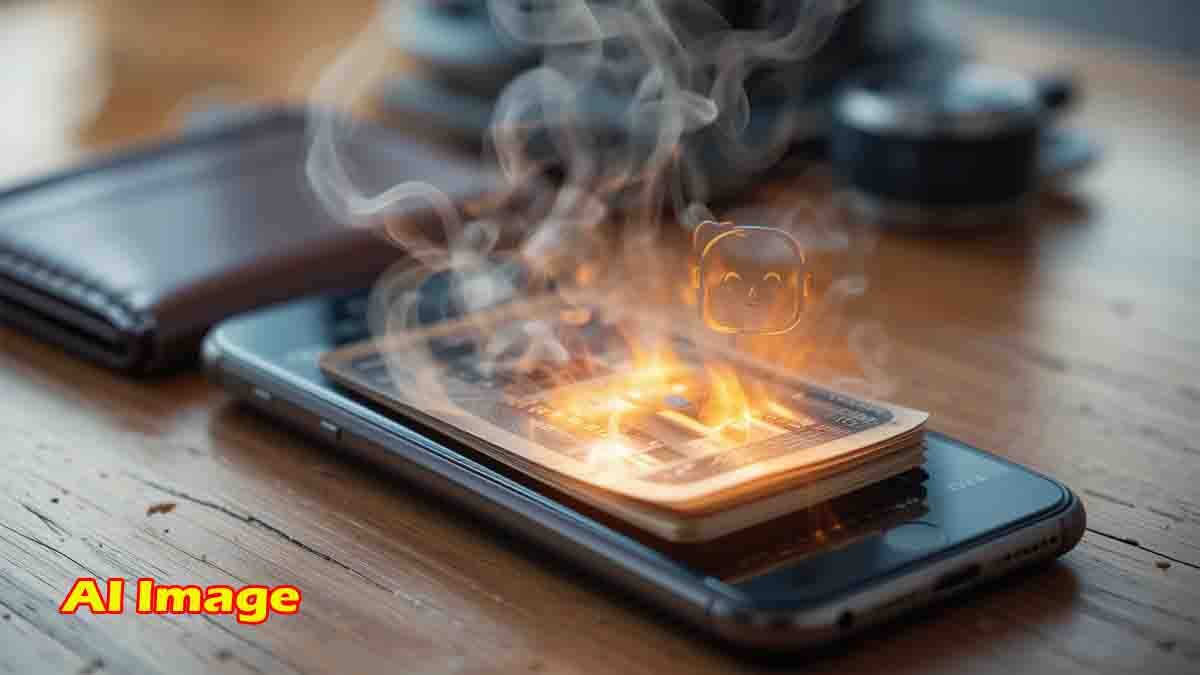 Overheated smartphone with cards and cash inside phone cover, risk of explosion warning
