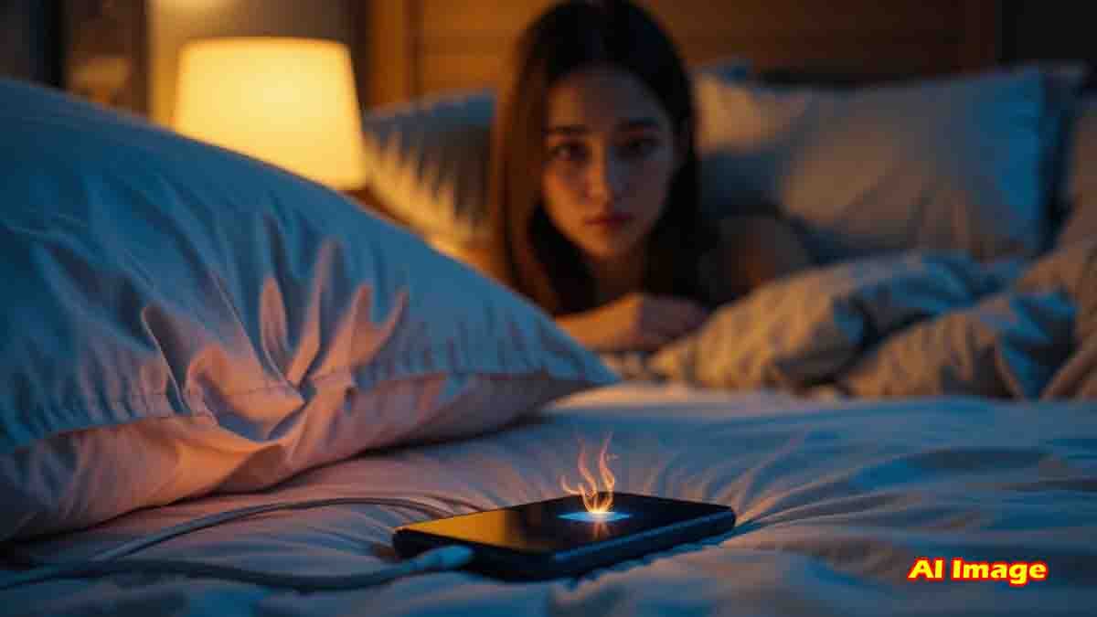 Smartphone charging overnight with heat risk warning illustration - Tech Tips