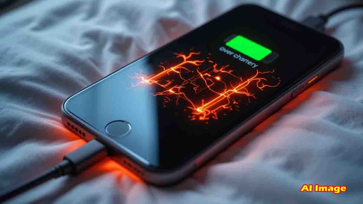 Smartphone charging overnight with heat risk warning illustration - Tech Tips