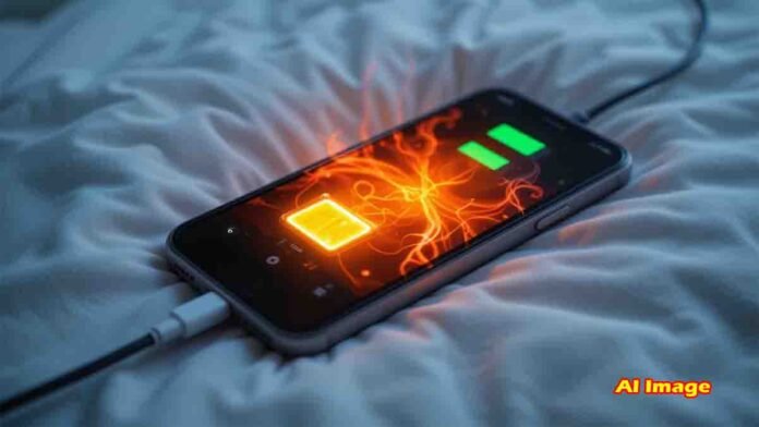 Smartphone charging overnight with heat risk warning illustration - Tech Tips