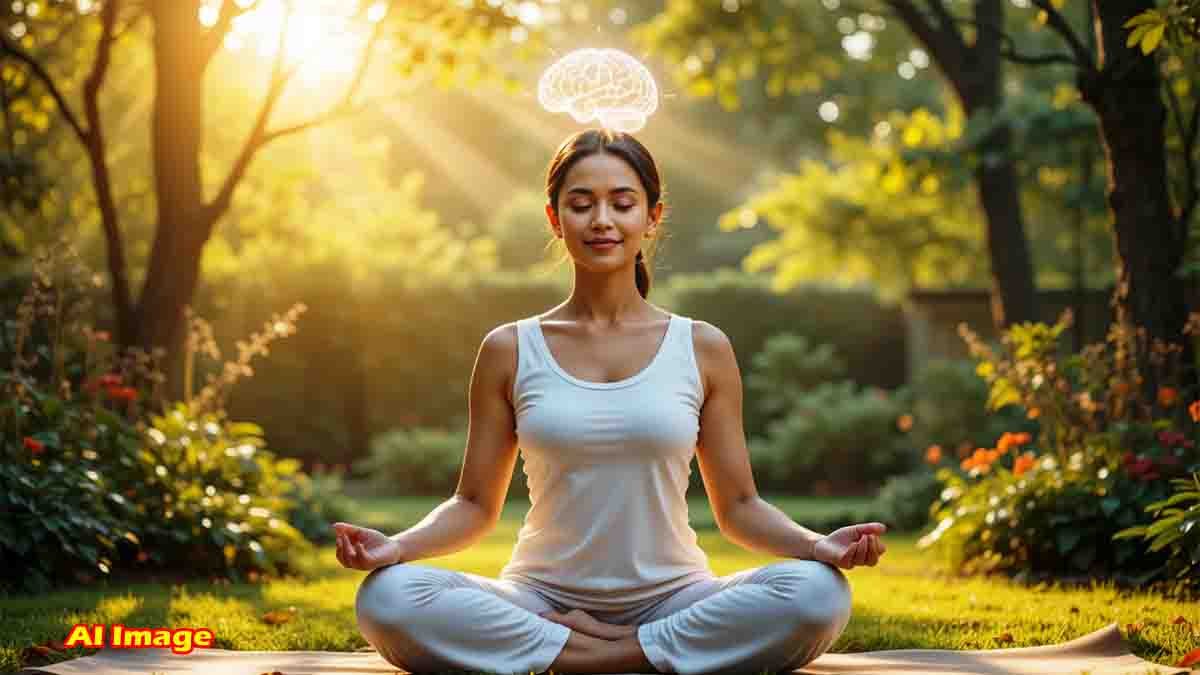 Person meditating in nature with glowing brain illustration representing mental clarity and brain health under stress