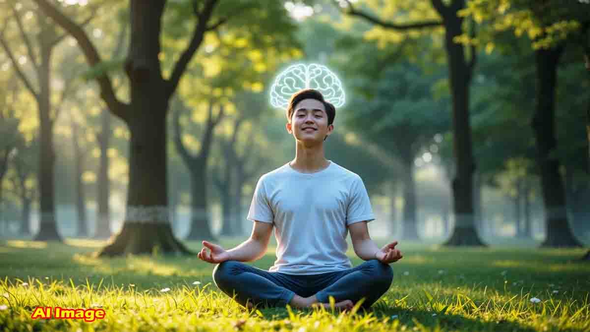 Person meditating in nature with glowing brain illustration representing mental clarity and brain health under stress