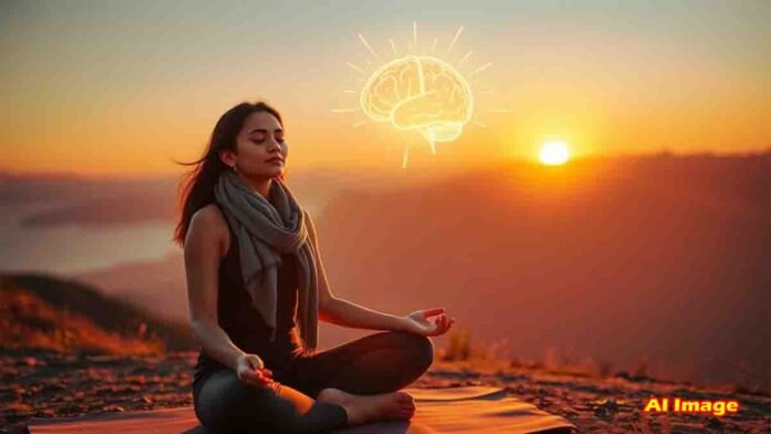 Person meditating in nature with glowing brain illustration representing mental clarity and brain health under stress
