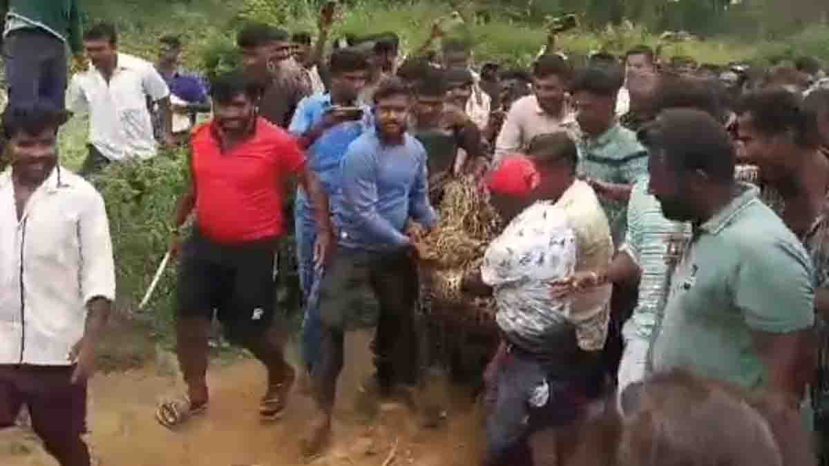 Leopard Attack - Villagers of Gudibande taluk bravely capture a leopard near Varahagiri Hill after it attacked a farmer, with forest officials present and a cage in the background