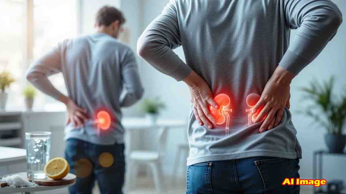 A person holding their lower back in pain, with an anatomical illustration of kidneys highlighting kidney stones, surrounded by diet-related elements like water, citrus fruits, and salt.