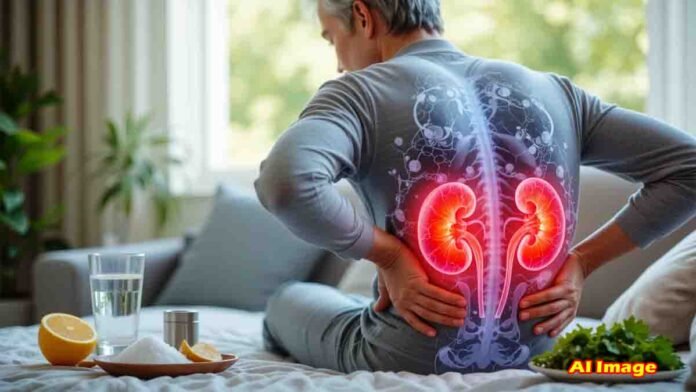 A person holding their lower back in pain, with an anatomical illustration of kidneys highlighting kidney stones, surrounded by diet-related elements like water, citrus fruits, and salt.
