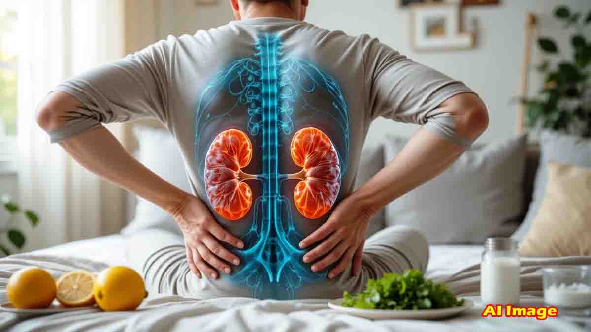 A person holding their lower back in pain, with an anatomical illustration of kidneys highlighting kidney stones, surrounded by diet-related elements like water, citrus fruits, and salt.