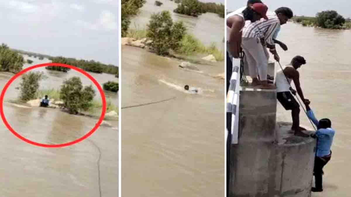 Husband stranded on rock in Raichur river after alleged push by wife – viral video