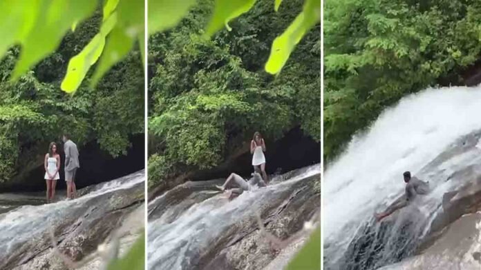 Man slipping while proposing near a waterfall, viral love proposal gone wrong