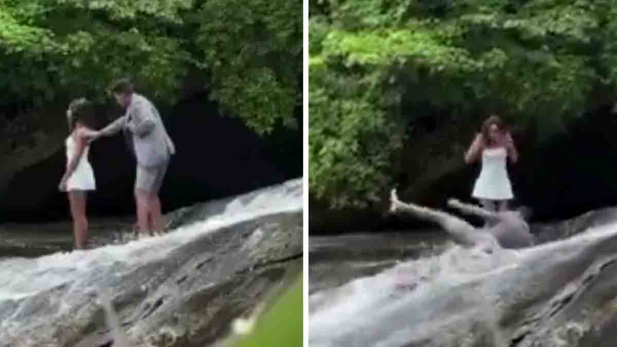 Man slipping while proposing near a waterfall, viral love proposal gone wrong