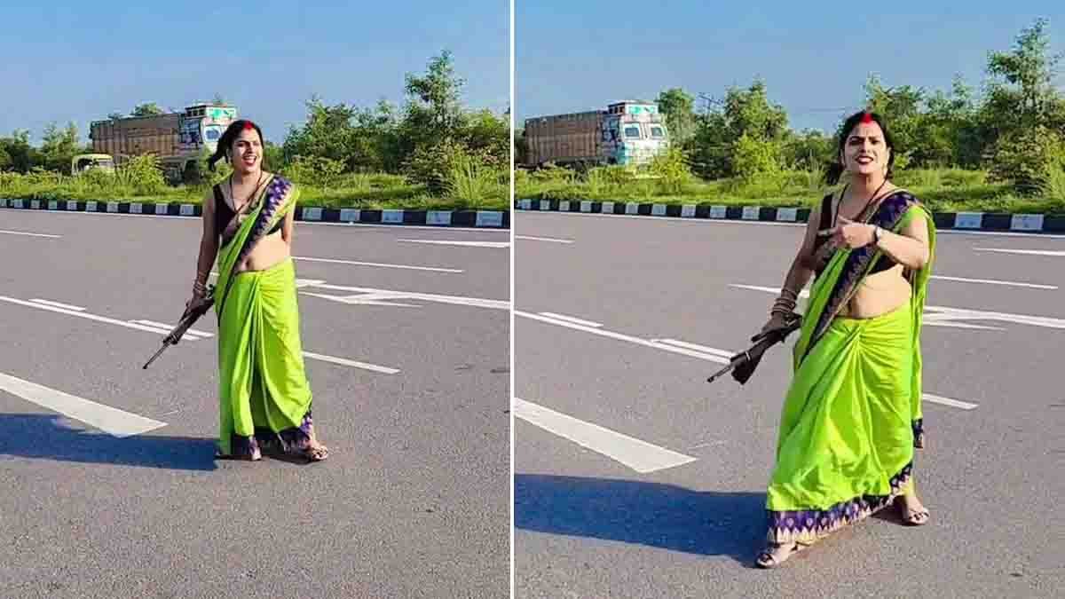 Girl holding pistol for Instagram reel on NH-34 in Kannauj