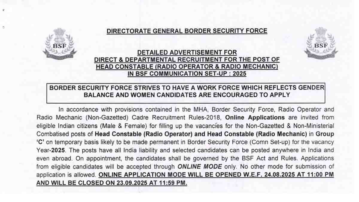 BSF Head Constable Recruitment 2025 – Apply Online for 1121 Posts