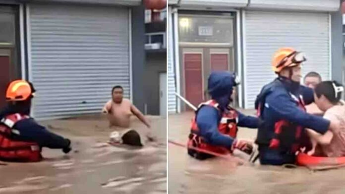 Husband pleading to rescue his wife first during China floods