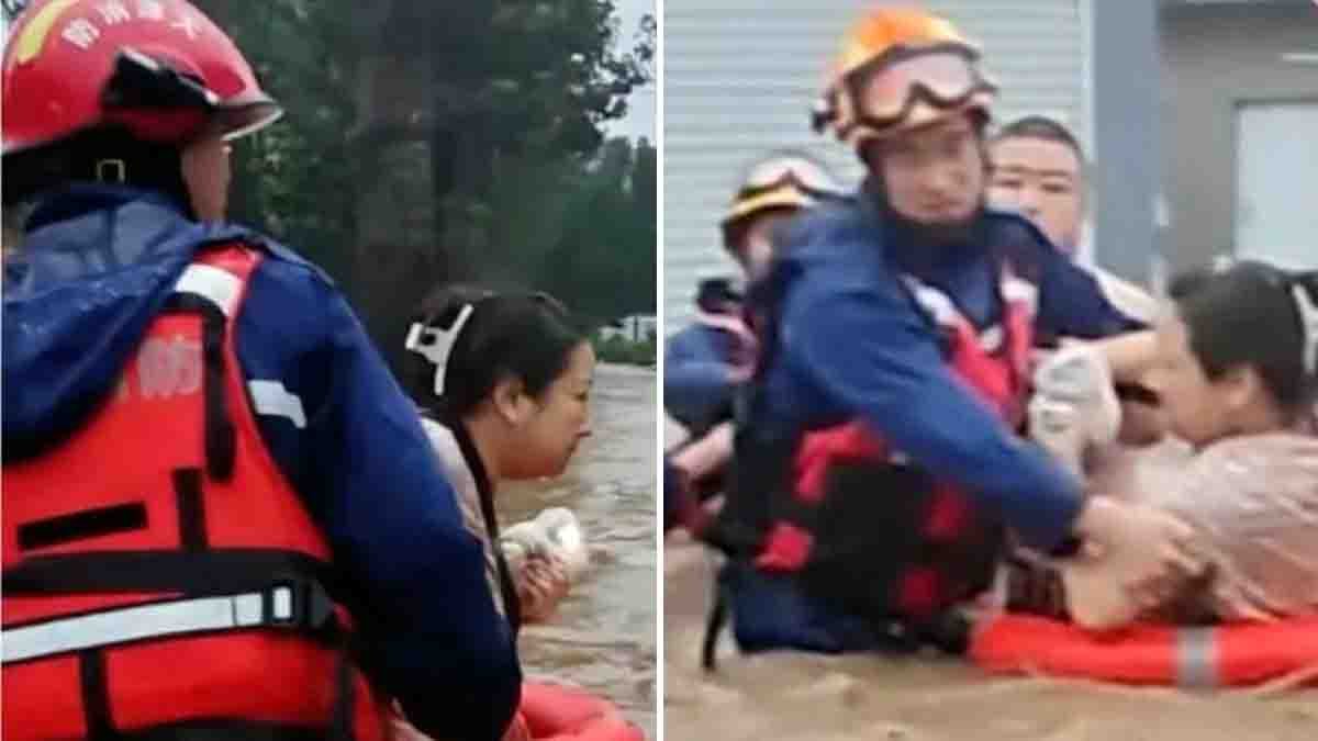 Husband pleading to rescue his wife first during China floods
