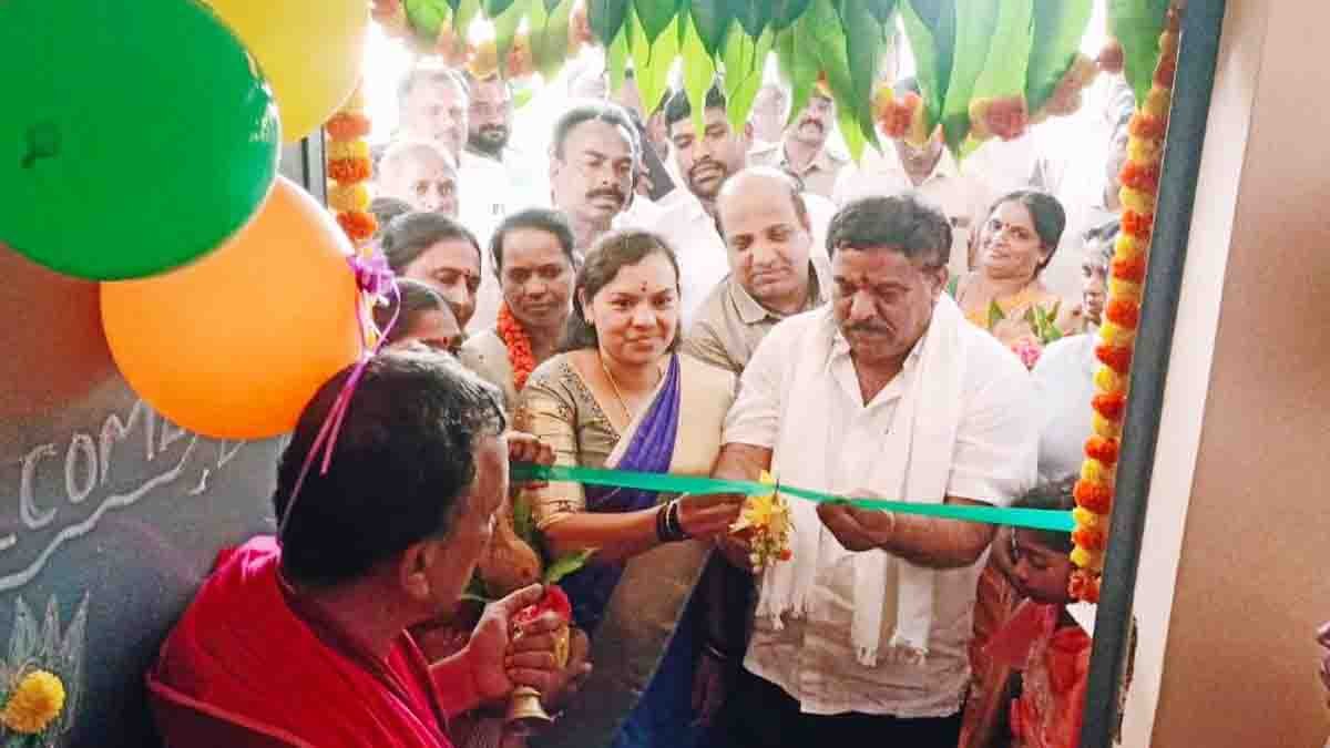 MLA S.N. Subbareddy performing Bhoomi Pooja for new Gram Panchayat building in Thirumani village, surrounded by villagers and officials during a development program in Gudibande, Karnataka- Local News