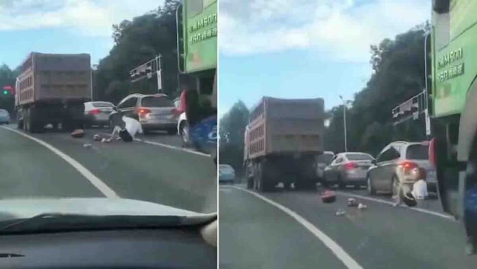 Young woman survives miraculous road accident after truck crushes scooter – viral video