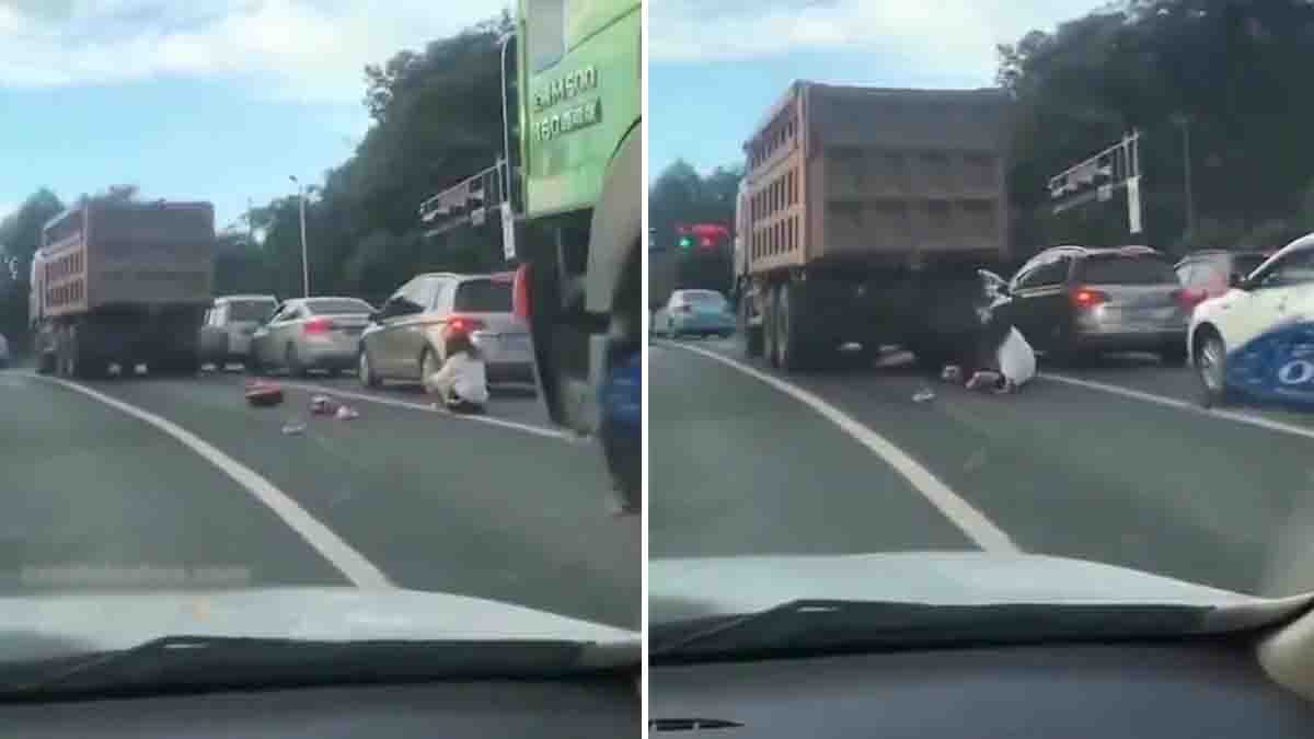 Young woman survives miraculous road accident after truck crushes scooter – viral video