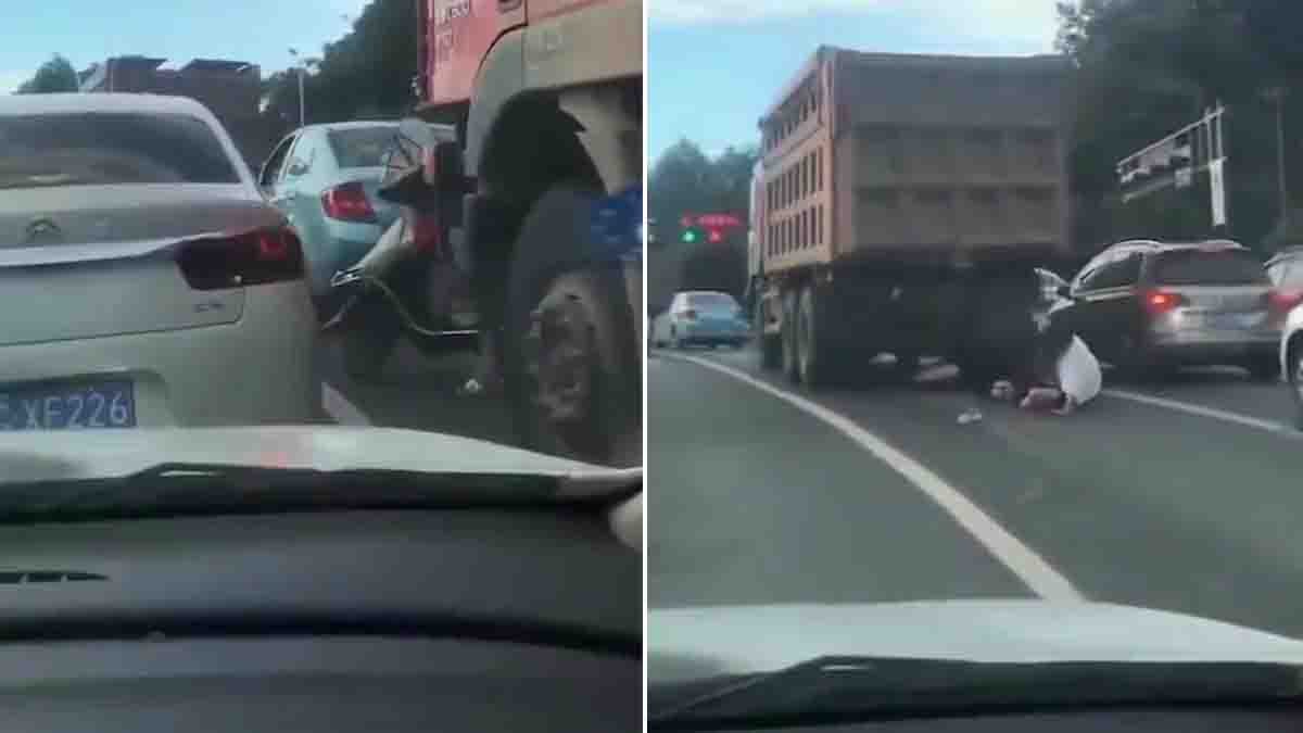 Young woman survives miraculous road accident after truck crushes scooter – viral video