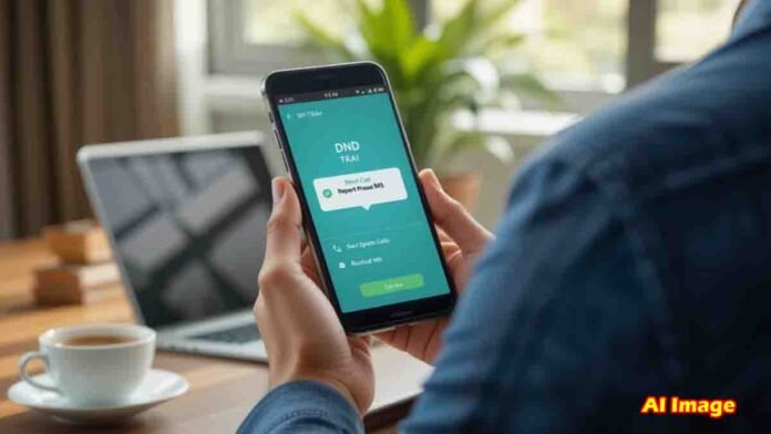 Person blocking spam calls using DND TRAI app on smartphone – government solution to stop credit card, loan, and promotional calls