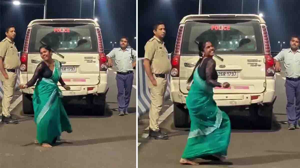 Young woman dancing confidently in front of a police car, viral video trending on social media.