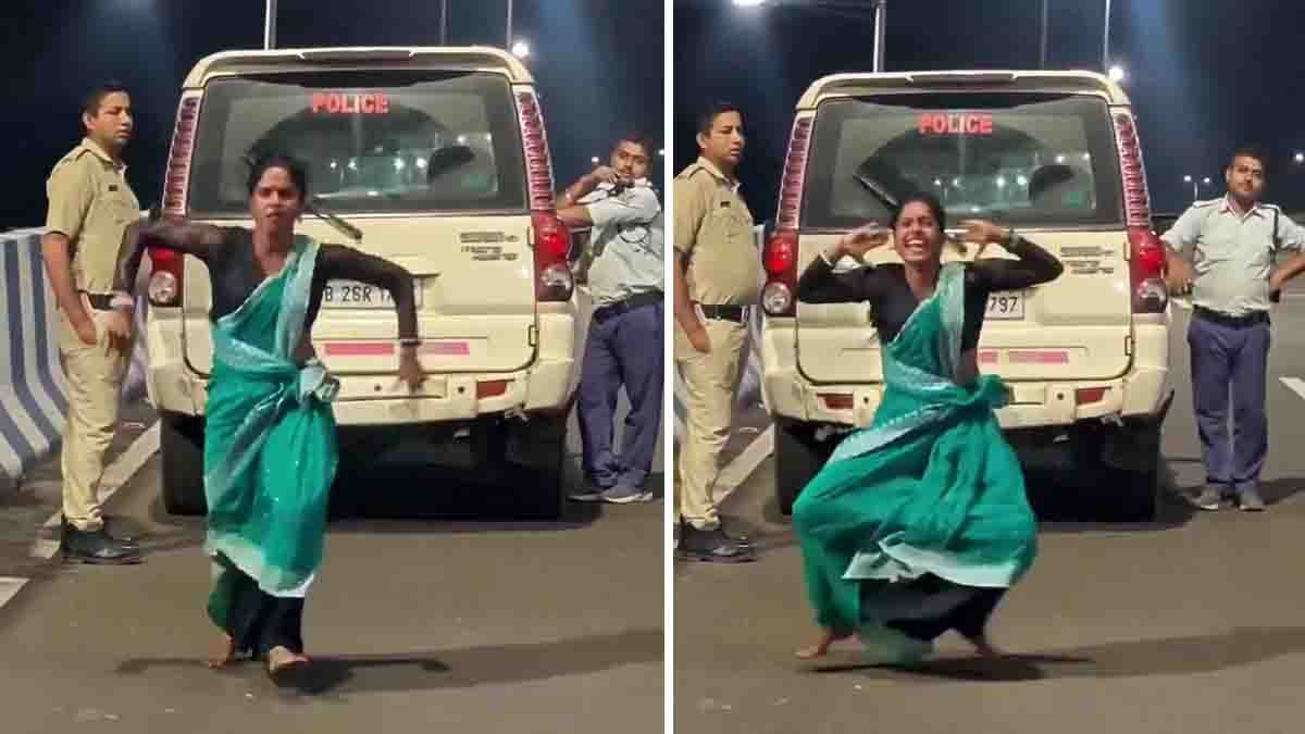 Young woman dancing confidently in front of a police car, viral video trending on social media.