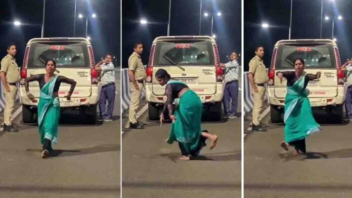 Young woman dancing confidently in front of a police car, viral video trending on social media.