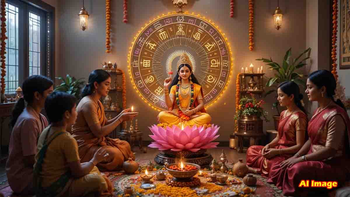 Varamahalakshmi Vrata 2025 blessings for zodiac signs – Mahalakshmi idol with gold coins and horoscope wheel in the background