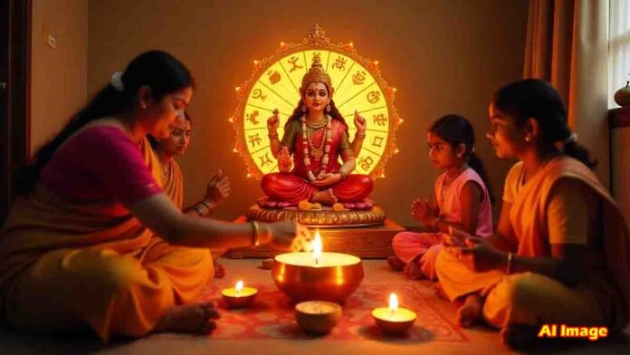 Varamahalakshmi Vrata 2025 blessings for zodiac signs – Mahalakshmi idol with gold coins and horoscope wheel in the background