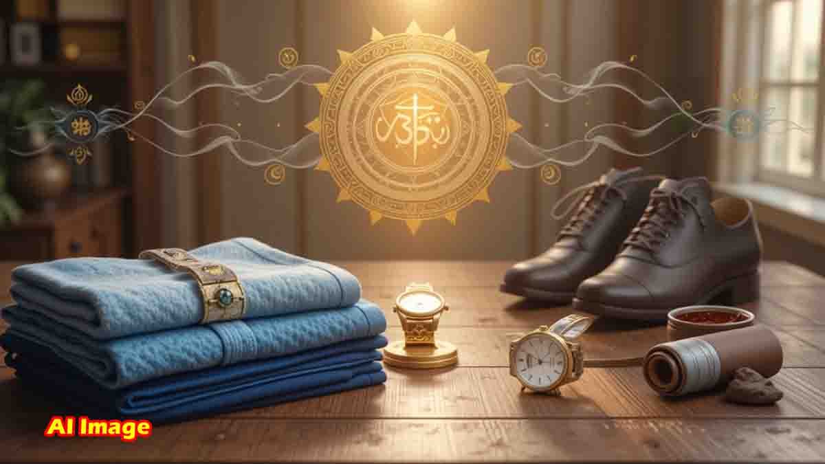 Vastu tips warning about negative energy from borrowing clothes, rings, watches, and footwear, with symbolic images of each item