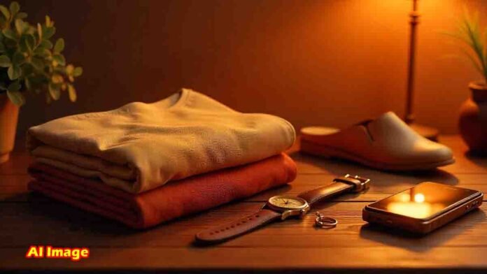 Vastu tips warning about negative energy from borrowing clothes, rings, watches, and footwear, with symbolic images of each item