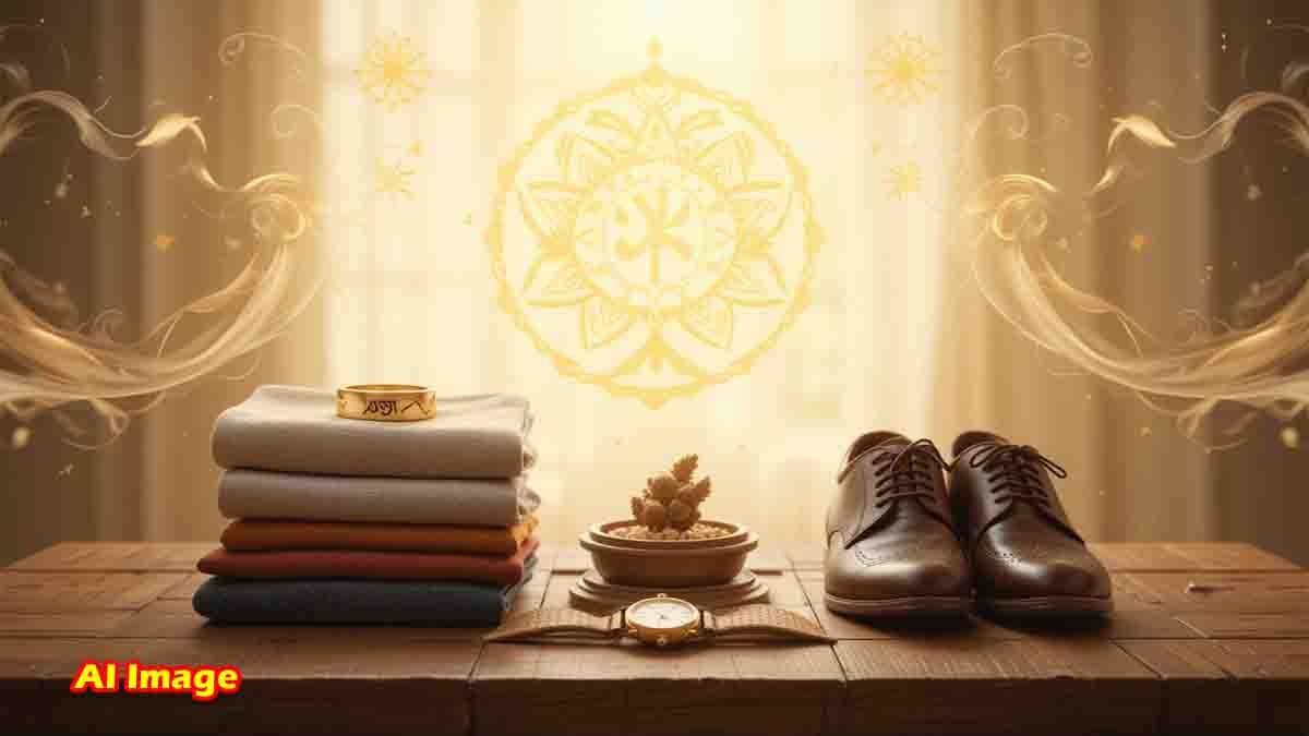 Vastu tips warning about negative energy from borrowing clothes, rings, watches, and footwear, with symbolic images of each item