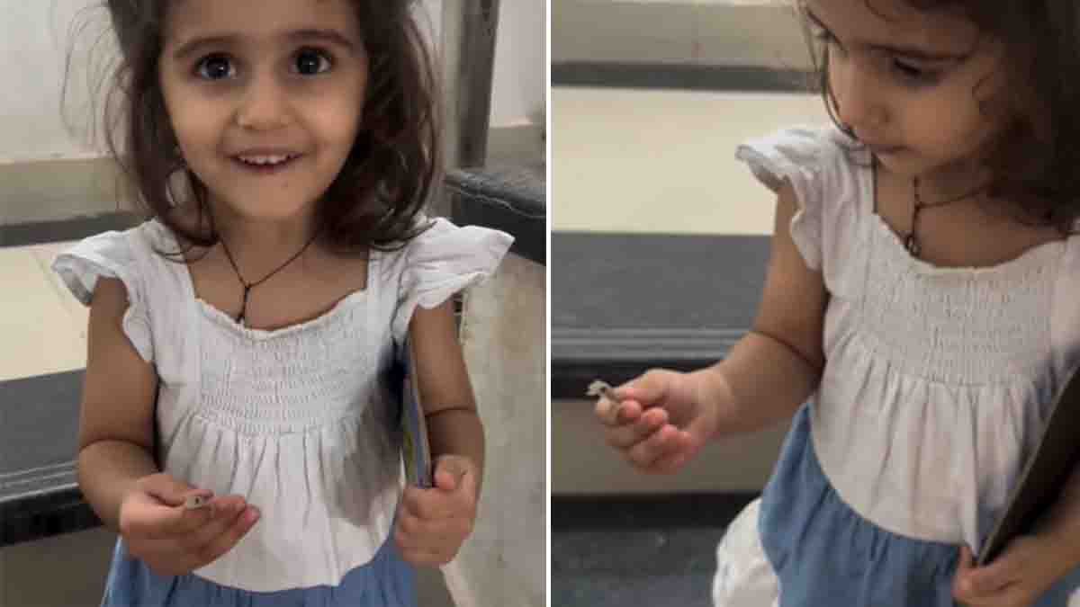 Little girl holding a lizard fearlessly while talking to her father – viral video moment