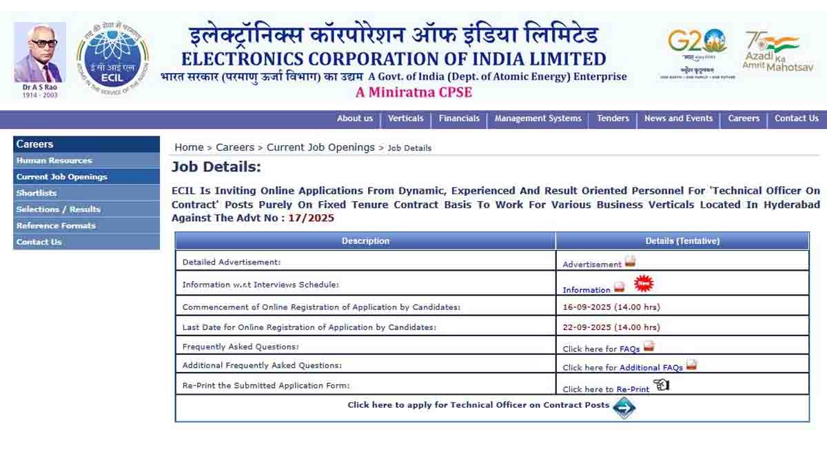 ECIL Recruitment 2025 : ಎಂಜಿನಿಯರಿಂಗ್ ವಿದ್ಯಾರ್ಥಿಗಳಿಗೆ ECIL ನಲ್ಲಿ ಸರ್ಕಾರಿ ಉದ್ಯೋಗ, ಸೆಪ್ಟೆಂಬರ್ 22 ಕೊನೆಯ ದಿನ..! 2 ECIL Recruitment 2025 – Technical Officer government job notification for 160 vacancies, apply online before September 22