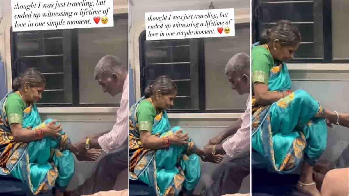 Love : ಇದಪ್ಪಾ ನಿಜವಾದ ಪ್ರೀತಿ ಅಂದ್ರೆ: ವೈರಲ್ ಆದ ವೃದ್ಧ ದಂಪತಿಯ ಮನಮಿಡಿಯುವ ವೀಡಿಯೊ! 1 Elderly husband lovingly putting a toe ring on his wife in a train – viral video from Coimbatore - true Love